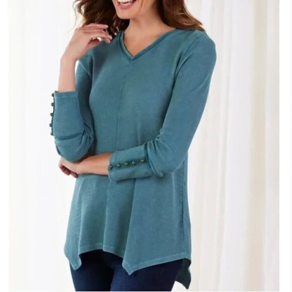 Soft Surroundings Gwen Waffle Thermal Top Teal V-Neck Medium - Picture 1 of 9